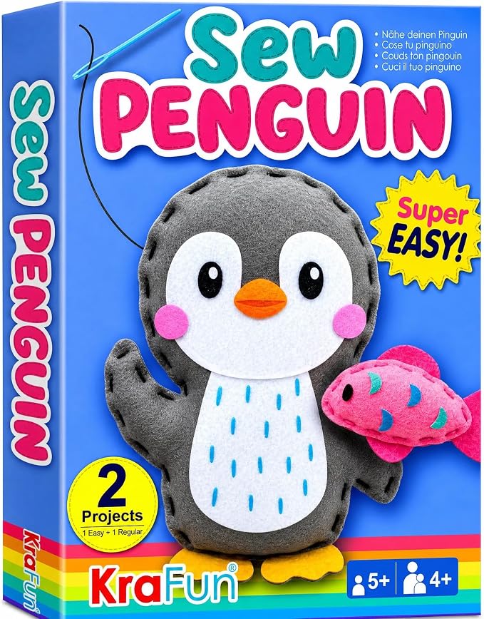 KRAFUN Beginner Sewing Kit, Sew Penguin & Fish, Pre-Cut Felt, Kids Ages 5+ | by FunCreativeArtsCraftKits