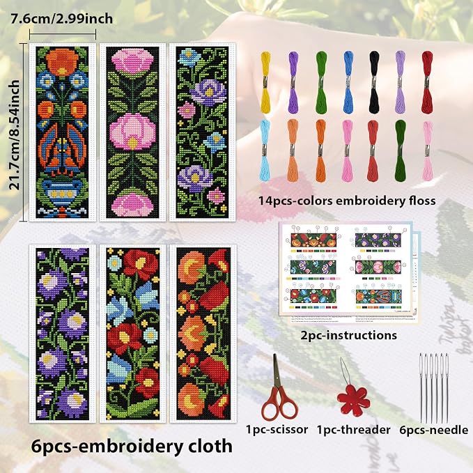 ACRNIGHEET 6PCS Cross Stitch Kits Stamped Cross Stitch Bookmark Kit - Image 2