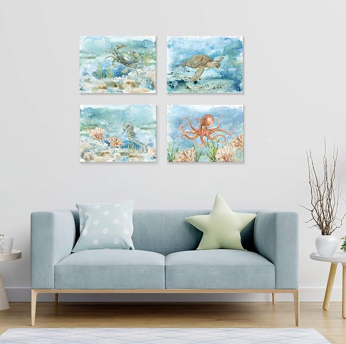 Ocean Wall Decor Sea Turtle Bathroom Wall Art Watercolor Nautical Octopus - Image 7
