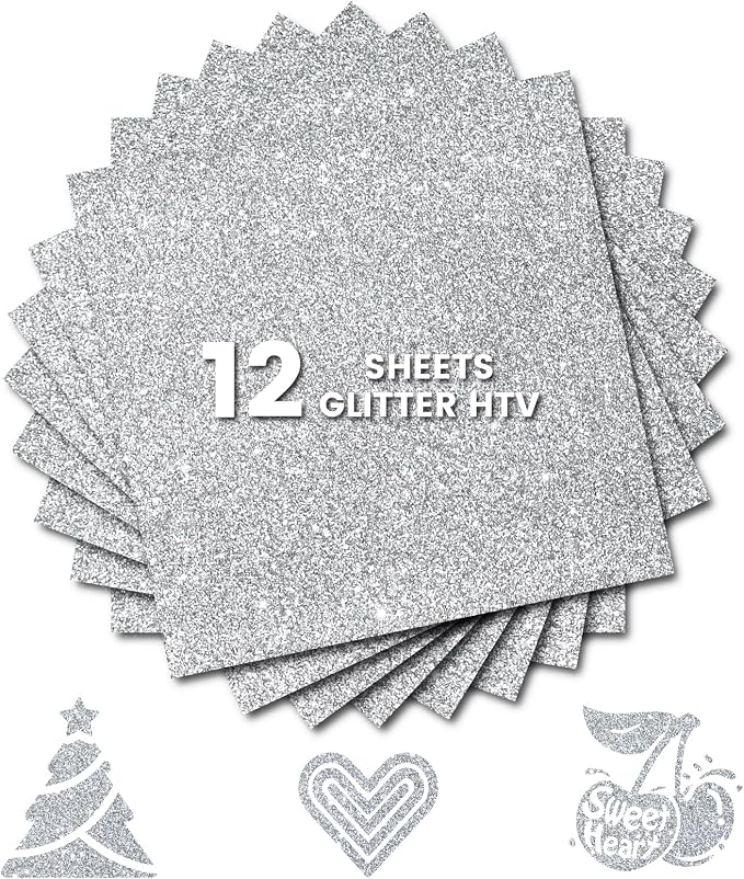 Glitter HTV Heat Transfer Vinyl, Silve 12pcs 12" x 10" Iron-on Vinyl | Iron On by Unknown
