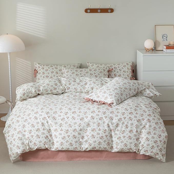 mixinni Vintage Style Girls Pale Pink Flower Pattern Duvet Cover King Soft - Image 2