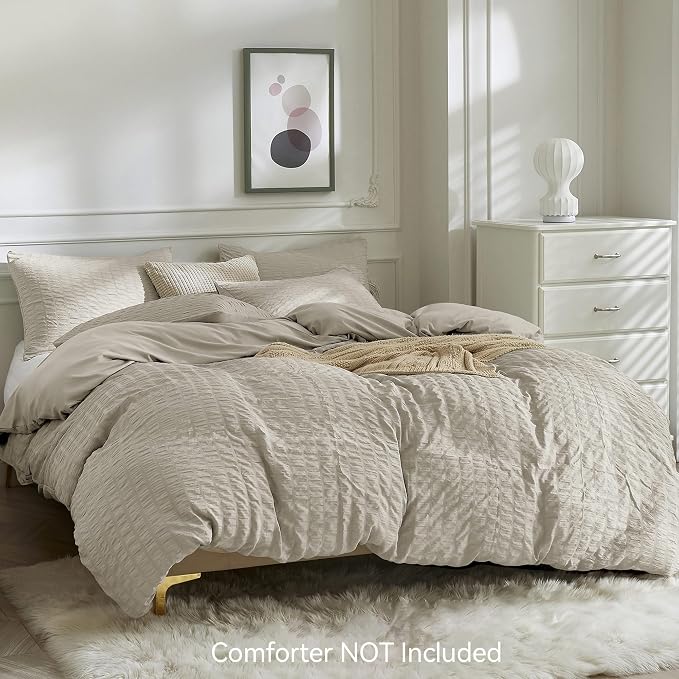 JELLYMONI Beige Duvet Cover Full Size, Soft Breathable Seersucker Duvet Cover - Image 2
