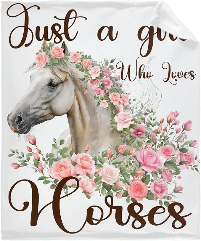 Just A Girl Who Loves Horses Blanket for Teen Flowers Animals Throw Blanket Gifts for Girls Boys Soft Throws Blankets All Seasons 50×60 Inches for Bed Office