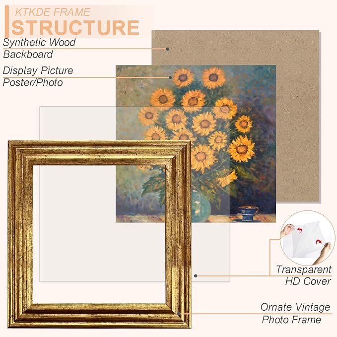 KTKDE 12x12 Picture Frame Set of 2, Ornate Vintage Gold Photo Frames 12 x 12 - Image 2
