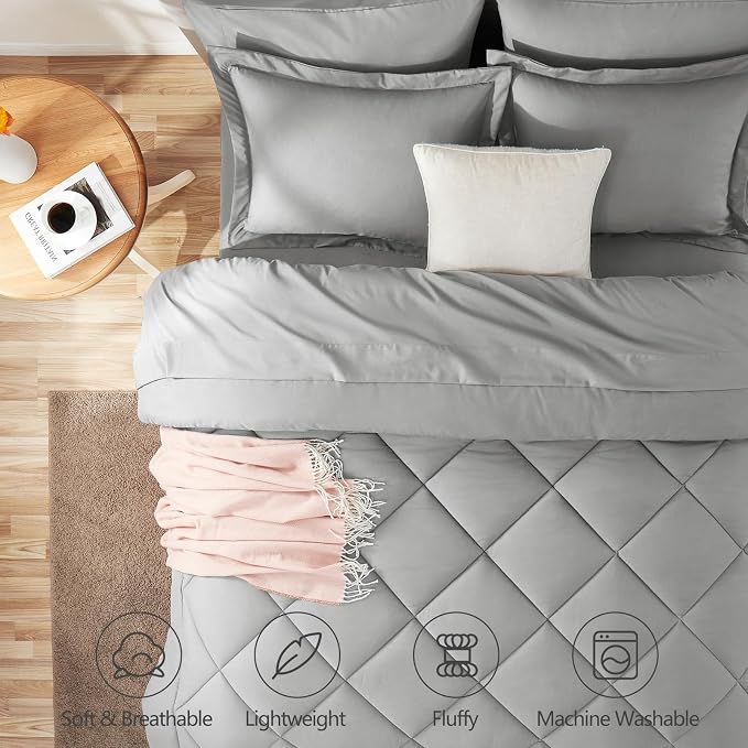 CozyLux Oversized Queen Comforter Set Light Grey, 7 Pieces Bed in a Bag - Image 2