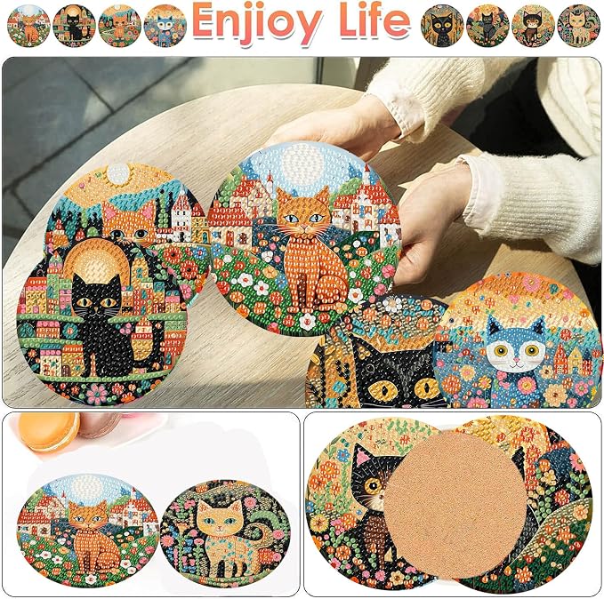 ijbnhd 8 PCS Diamond Art Coasters Kit Cat Diamond Painting Coasters | Cat - Image 2