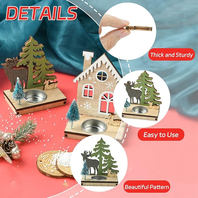 2 pcs 2 Styles Christmas Candlestick Theme Wooden Bases House Deer Tree Wood - Image 3