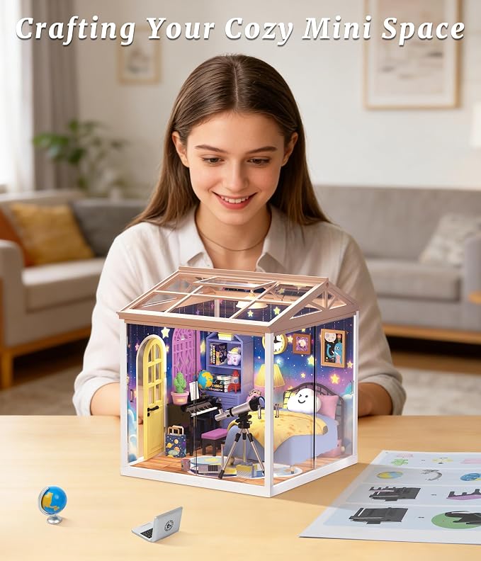 Starry Night Bedroom Miniature House Kit, DIY Space-Themed Dollhouse - Image 6