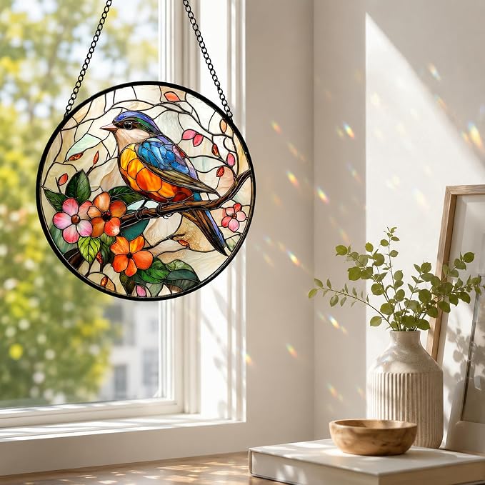 Birds and Flower Acrylic Suncatcher Faux Stained Glass Window Hanging 9.8" | - Image 3