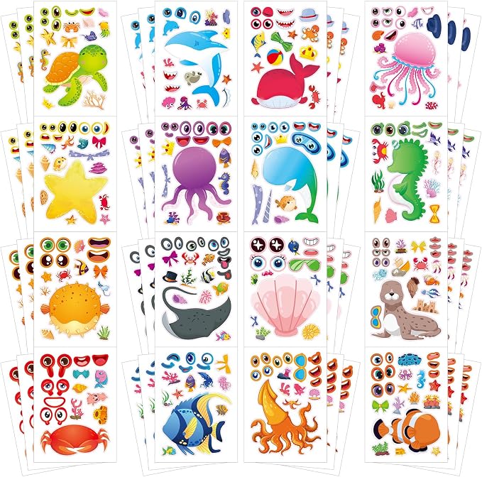 48 Sheets Create Funny Ocean Animals Stickers, Make a Face Stickers by Cosomia