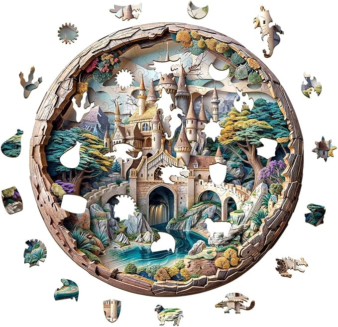 Wooden Puzzles Adults, 3D Fantasy Castle Round Wood Puzzle 300 Pieces, Unique - Image 9