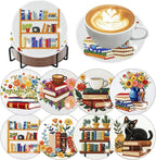 8 Pack Diamond Art Coasters, Bookshelf Diamond Painting Coasters Kits | Books by Zythron