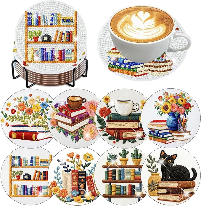 8 Pack Diamond Art Coasters, Bookshelf Diamond Painting Coasters Kits | Books by Zythron