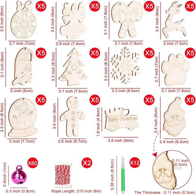 GUDELAK 60PCS DIY Wooden Christmas Ornaments, 12 Styles Christmas Crafts - Image 2