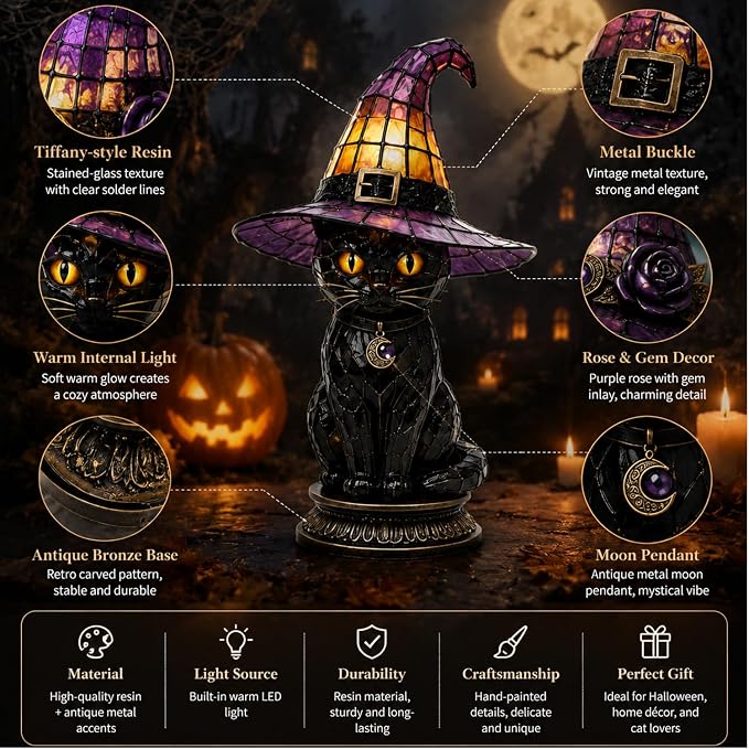Resin Black Cat Witch Hat Table Lamp - Image 4
