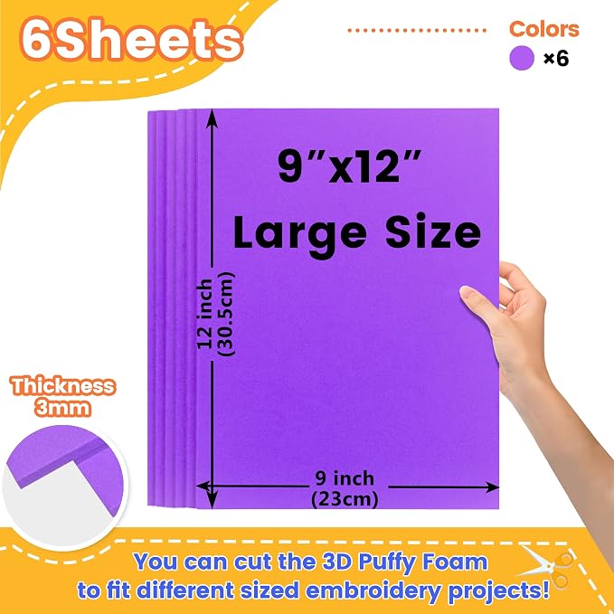 New brothread - 16 Options- 6PCS Embroidery Puffy Foam 9″x12″ Large Size 3MM - Image 2