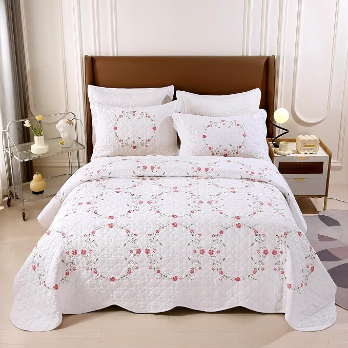 Quilt Set Circular Floral 3D Embroidery Pattern 3 PCS 100% Cotton Reversible - Image 6