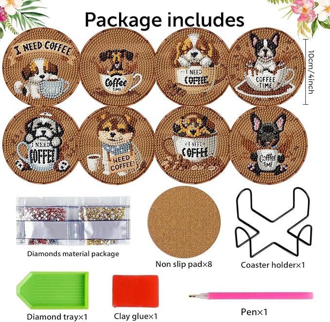 8 Pack Diamond Art Coasters, Coffee Dog Diamond Painting Coasters Kits | Dog - Image 2