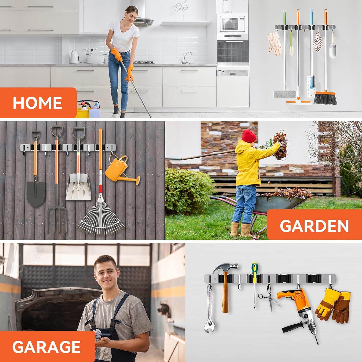 ZONGOOL 4 Racks and 5 Hooks Broom Holder Wall Mount Mop Hanger Wall Mounted Mop and Broom Storage Tool Rack Stainless Steel Garage Organization Garden Kitchen Home Laundry Organizer (Silver)