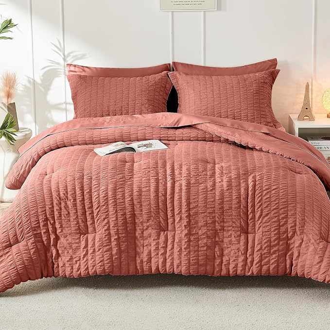 HYMOKEGE Coral California King Comforter Set Seersucker 7 Pieces, All Season - Image 9