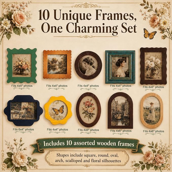 10 Pack Solid Pine Wood Vintage Picture Frames, Gallery Wall Decor, Decorative - Image 2