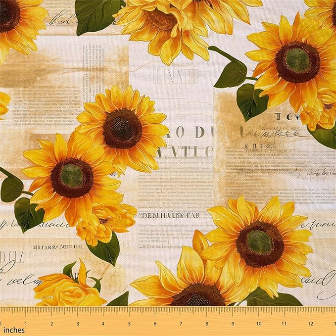 Sunflower Upholstery Fabric for Chairs, Vintage Style Blossom Flowers Outdoor by Feelyou