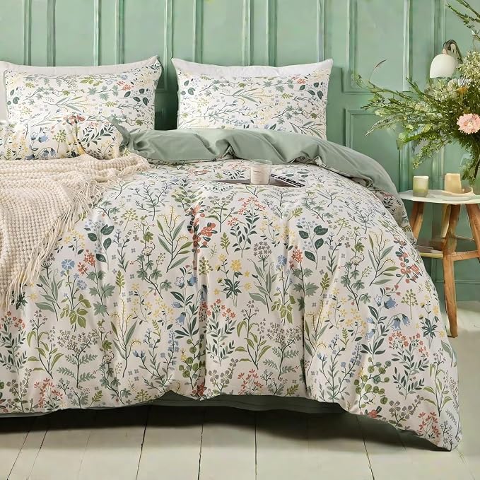 MKXI Wildflower Duvet Cover Set Sage Green Spring Floral Bedding Set Rustic by MKXI