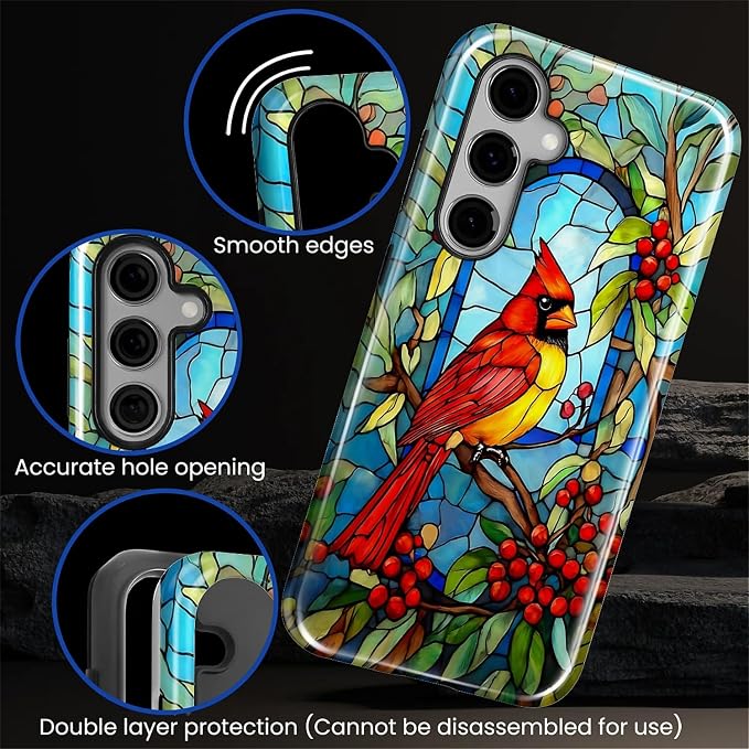 for Samsung Galaxy S24 Case, Stained Glass Cardinal Bird Pattern Glossy 2 in 1 - Image 5