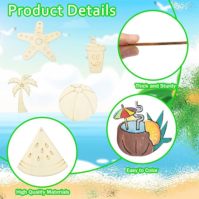32 pcs Mixed Styles Beach Theme Unfinished Wood Cutout Charms Watermelon Ice - Image 3