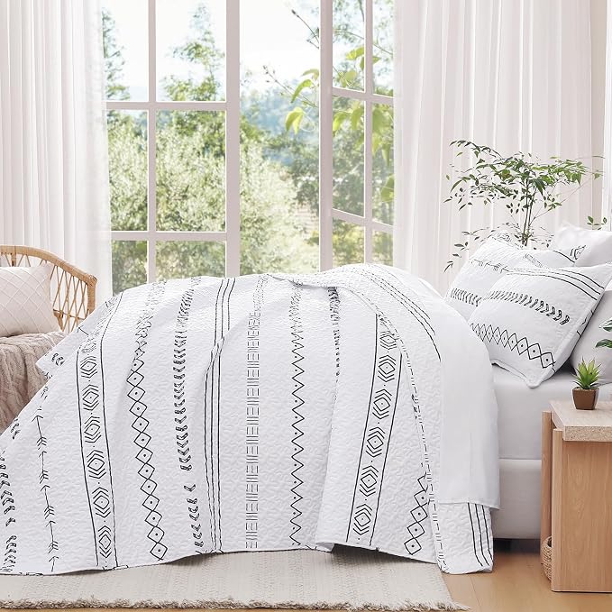 Andency White California King Quilt Set, 3 Pieces Boho Lightweight Soft Striped - Image 7