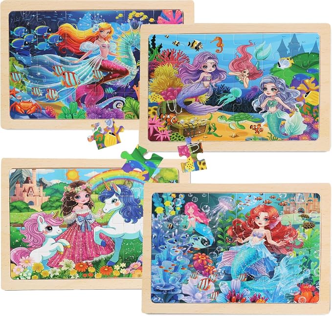 Wooden Puzzles for Kids Ages 4-6, 4 Packs 24 PCs Unicorn Mermaid Princess Fairy - Image 6