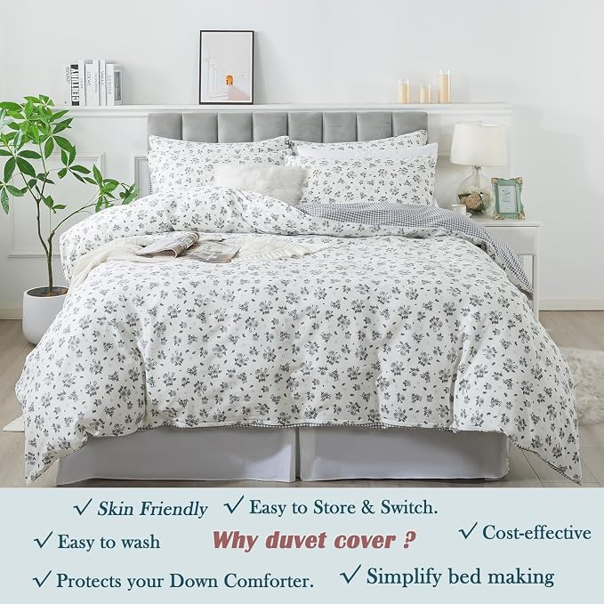 FADFAY Twin Size Duvet Cover Set 100% Cotton Grey White Floral Comforter Cover - Image 6