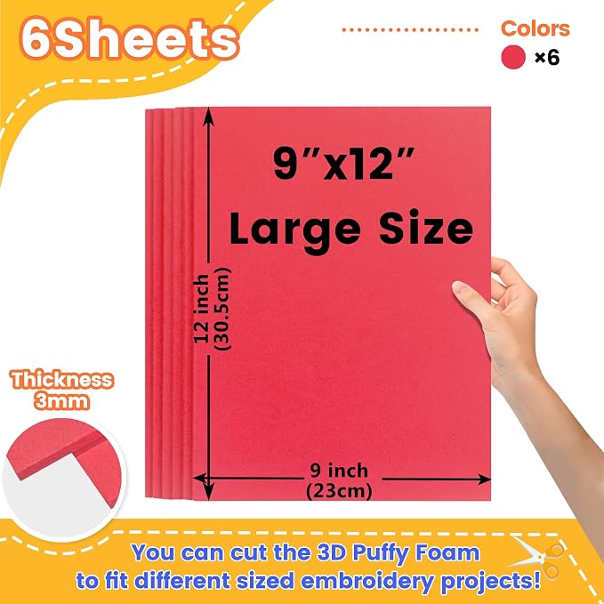 New brothread - 16 Options- 6PCS Embroidery Puffy Foam 9″x12″ Large Size 3MM - Image 2