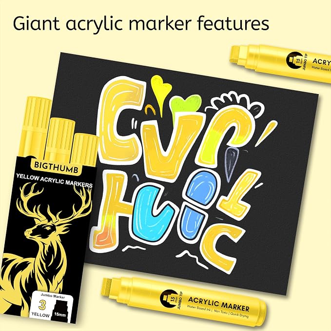 BIGTHUMB 3 Pcs Yellow Jumbo Permanent Markers: 15mm Wide Tip Thick Acrylic - Image 6