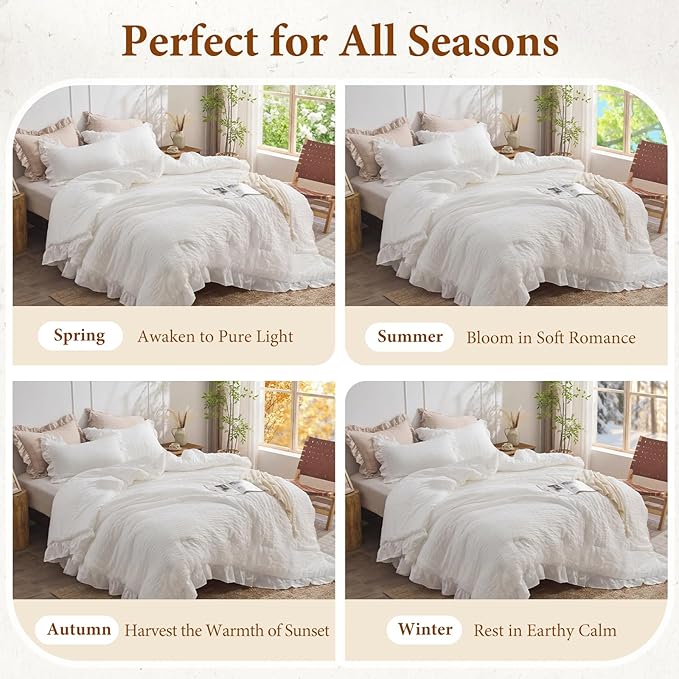 JOLLYVOGUE White Comforters Queen Size, 3 Pieces Ruffle Seersucker Queen - Image 6