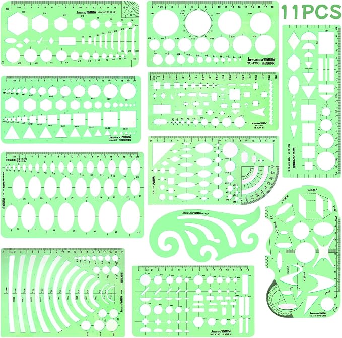 11PCS Geometric Drawings Templates, Drafting Stencils Measuring Tools, by HXSEMAYIG