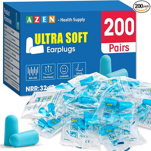 AZEN 200 Pairs Ear Plugs, NRR 32dB Soft Foam Ear Plugs by AZEN