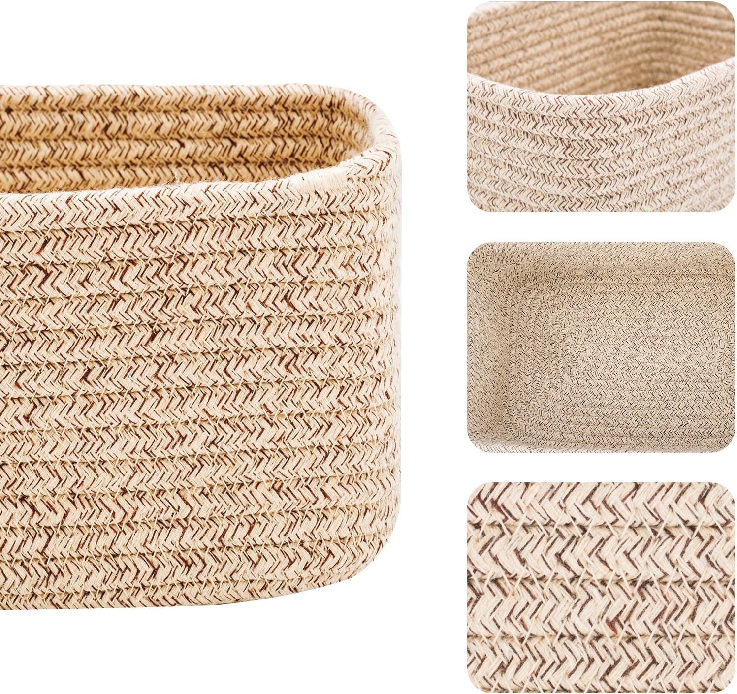 Small Storage Baskets for Organizing | Closet Organizer Bins | Shelf Toy Basket | Woven Rope Baskets | Cube Decorative Box | Shallow Basket | 11.5x7.5x4.7” | 4 Packs Mixed Brown