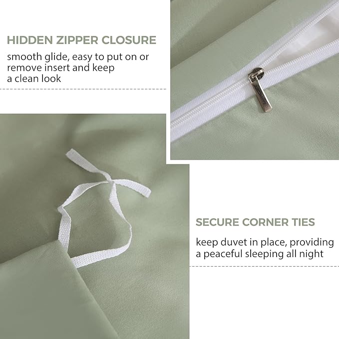 JSD Sage Green Duvet Cover Set Queen Size, 3 Piece Duvet Cover - Image 3