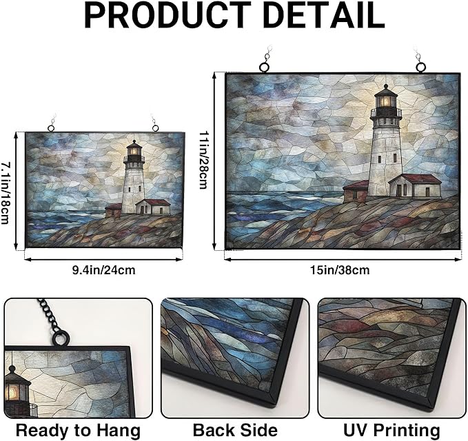 Customized Rectangle Vintage Lighthouse Shore Stained Glass Window Hanging - Image 3
