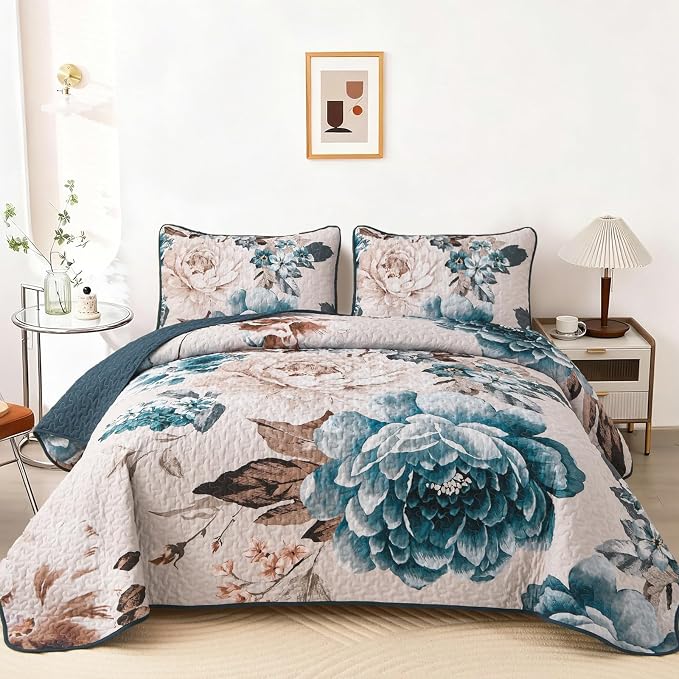 WONGS BEDDING Floral Quilt Set Aqua Queen, Quilted Printed Lightweight by WONGSBEDDING