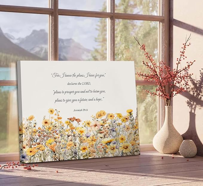 YOXORDQ Christian Floral Canvas Wall Art Jeremiah 29:11 Picture Print Yellow - Image 4