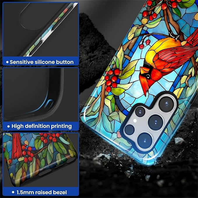 for Samsung Galaxy S25 Ultra Case, Stained Glass Cardinal Bird Pattern Glossy 2 - Image 4
