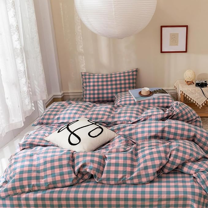 mixinni Pink Blue Purple Checkered Duvet Cover Set - Image 4