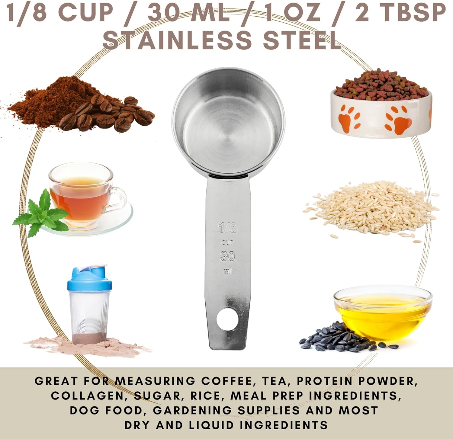 1/8 Cup Stainless Steel Measuring Cup | Sturdy Metal 30 ml | 30 cc | 1 oz | Single Cup for Wet and Dry Ingredients | Great for use as 1/8 Cup Coffee Scoop - 1 PK