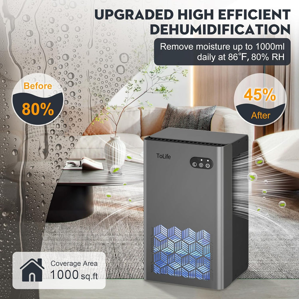 ToLife Dehumidifier for Home, 1000 sq.ft Dehumidifiers for Basement Bedroom Bathroom with 95 OZ Water Tank, Auto Shut Off 7 Colors LED Light, Grey