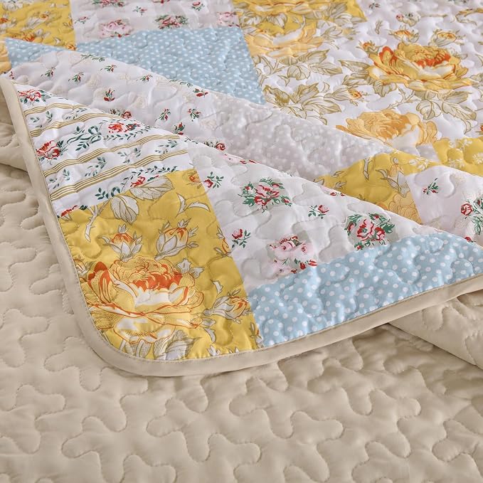 Anibedding Yellow Patchwork Quilt Set King Size Boho Floral Plaid Bedspread - Image 7
