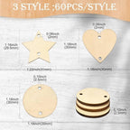180 pcs 3 Styles Heart Star Theme Unfinished Wood Cutout Charms Flat Round - Image 2