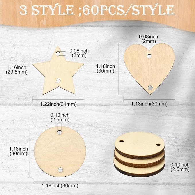 180 pcs 3 Styles Heart Star Theme Unfinished Wood Cutout Charms Flat Round - Image 2
