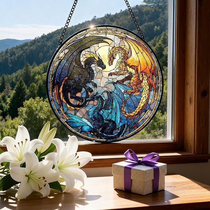 Greatingreat Dragon Stained Glass Window Hanging, 7.87 Inch Bookshelf Decoration - Image 6